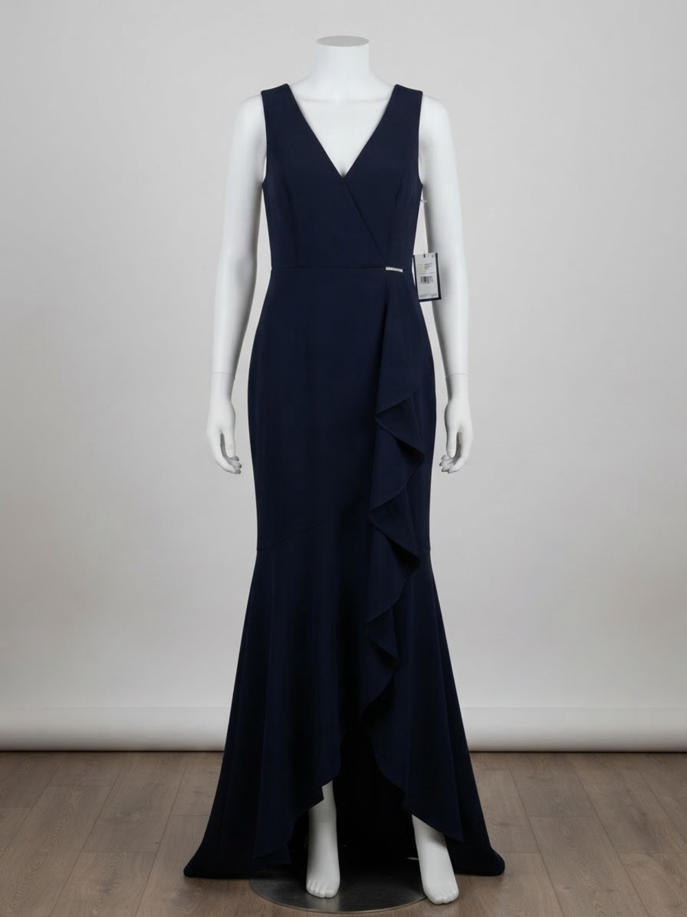 Papell Boutique Navy V-Neck Ruffle-Front Evening Gown